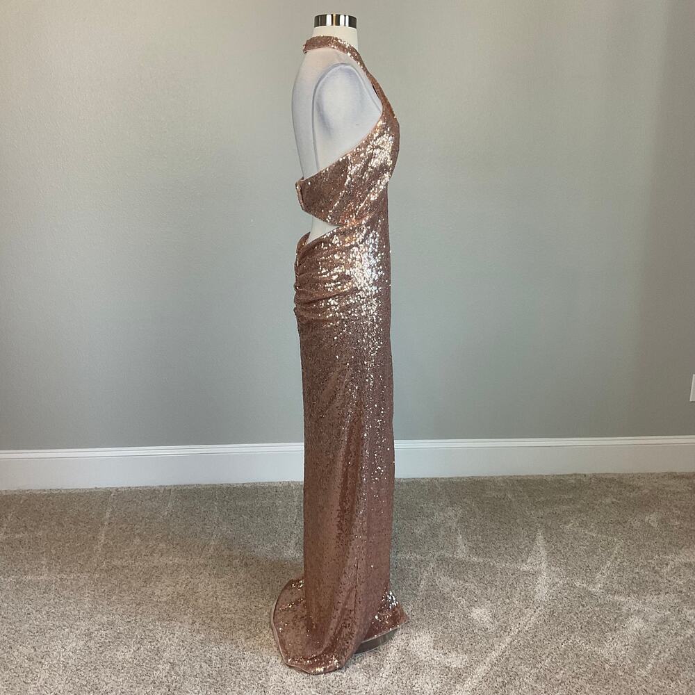 AQUA Rose Gold Column Gown Sequined Backless Cut Out Halter Dress Size Medium - Picture 6 of 13